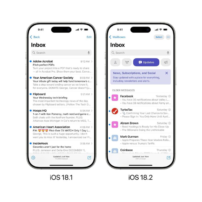 Mail app in iOS 18.1 vs iOS 18.2…