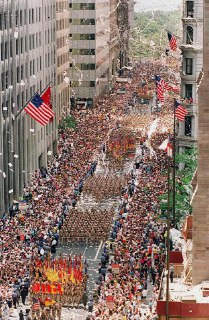 New York City throws a ticker-tape parade in the “Canyon of Heroes” for U.S. tro...